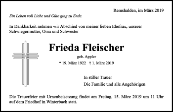 Traueranzeige von Frieda Fleischer von Ansbach