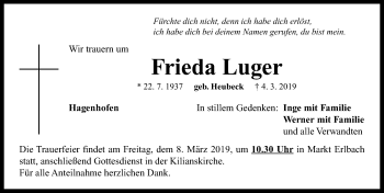 Traueranzeige von Frieda Luger von Neustadt/ Scheinfeld/ Uffenheim