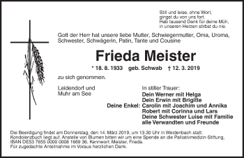 Traueranzeige von Frieda Meister von Ansbach