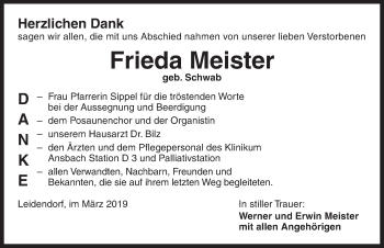 Traueranzeige von Frieda Meister von Ansbach