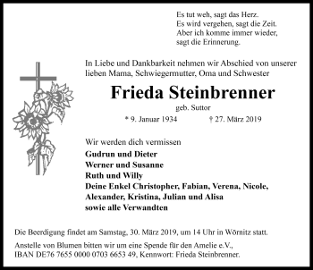 Traueranzeige von Frieda Steinbrenner von Rothenburg