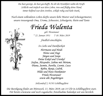 Traueranzeige von Frieda Walenta von Rothenburg