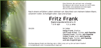 Traueranzeige von Fritz Frank von Ansbach