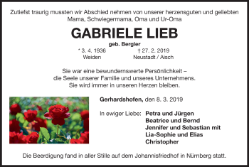 Traueranzeige von Gabriele Lieb von Neustadt/ Scheinfeld/ Uffenheim