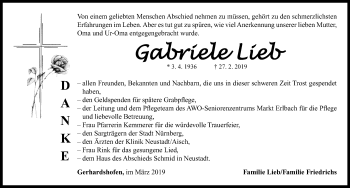 Traueranzeige von Gabriele Lieb von Neustadt/ Scheinfeld/ Uffenheim