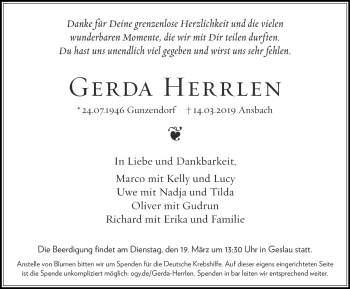 Traueranzeige von Gerda Herrlen von Rothenburg
