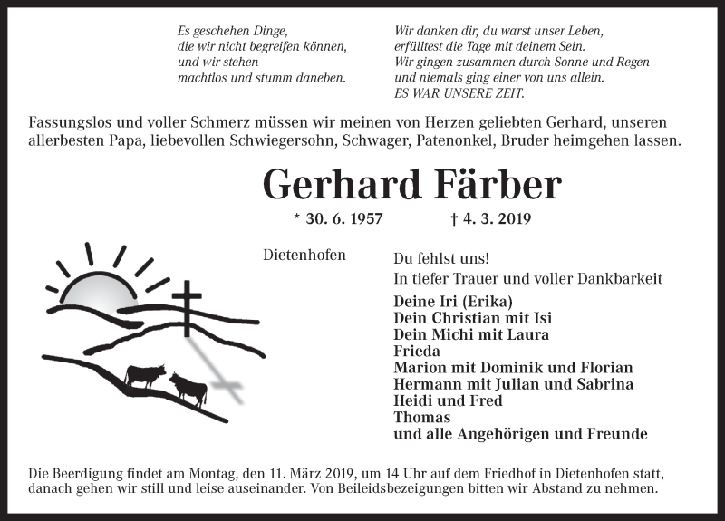  Traueranzeige für Gerhard Färber vom 07.03.2019 aus Ansbach