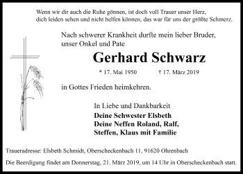 Traueranzeige von Gerhard Schwarz von Rothenburg
