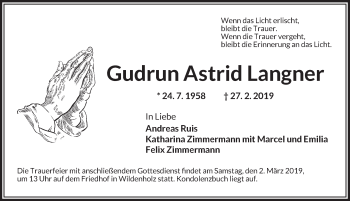 Traueranzeige von Gudrun Astrid Langner von Dinkelsbühl/ Feuchtwangen