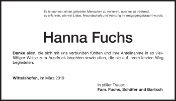 Traueranzeige von Hanna Fuchs von Dinkelsbühl/ Feuchtwangen