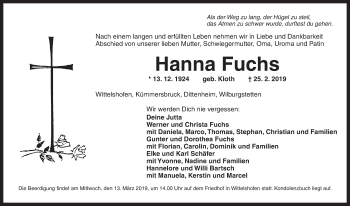 Traueranzeige von Hanna Fuchs von Dinkelsbühl/ Feuchtwangen