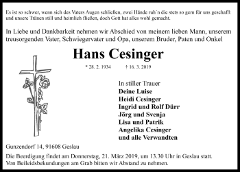 Traueranzeige von Hans Cesinger von Rothenburg