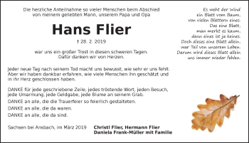 Traueranzeige von Hans Flier von Ansbach