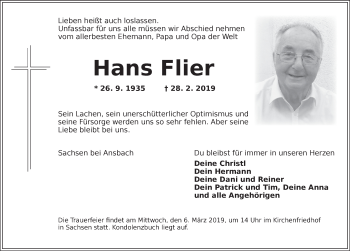 Traueranzeige von Hans Flier von Ansbach