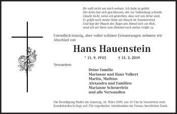 Traueranzeige von Hans Hauenstein von Ansbach