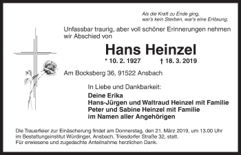 Traueranzeige von Hans Heinzel von Ansbach