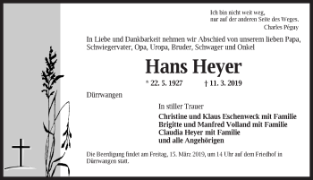 Traueranzeige von Hans Heyer von Dinkelsbühl/ Feuchtwangen