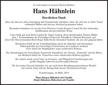 Traueranzeige von Hans Hähnlein von Dinkelsbühl/ Feuchtwangen