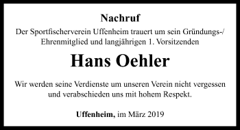 Traueranzeige von Hans Oehler von Neustadt/ Scheinfeld/ Uffenheim