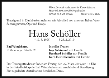 Traueranzeige von Hans Schöller von Neustadt/ Scheinfeld/ Uffenheim