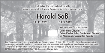 Traueranzeige von Harald Saß von Ansbach