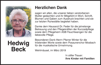 Traueranzeige von Hedwig Beck von Dinkelsbühl/ Feuchtwangen