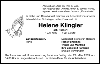 Traueranzeige von Helene Klingler von Neustadt/ Scheinfeld/ Uffenheim