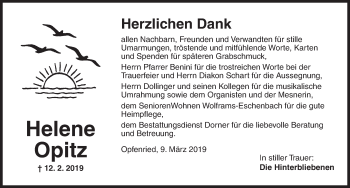 Traueranzeige von Helene Opitz von Dinkelsbühl/ Feuchtwangen