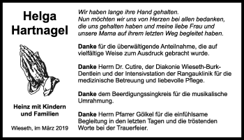 Traueranzeige von Helga Hartnagel von Dinkelsbühl/ Feuchtwangen