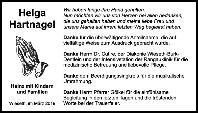  Traueranzeige für Helga Hartnagel vom 30.03.2019 aus Dinkelsbühl/ Feuchtwangen