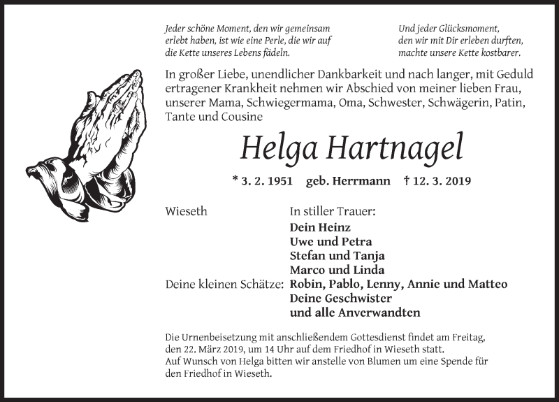 Traueranzeige für Helga Hartnagel vom 20.03.2019 aus Dinkelsbühl/ Feuchtwangen