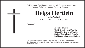 Traueranzeige von Helga Hertlein von Ansbach