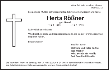Traueranzeige von Herta Rößner von Ansbach