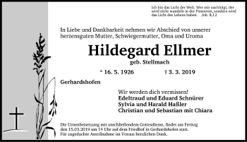 Traueranzeige von Hildegard Ellmer von Neustadt/ Scheinfeld/ Uffenheim