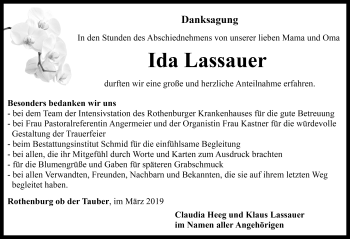 Traueranzeige von Ida Lassauer von Rothenburg