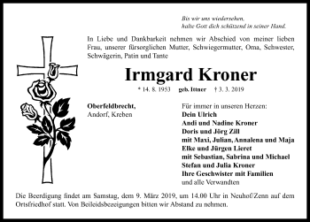 Traueranzeige von Irmgard Kroner von Neustadt/ Scheinfeld/ Uffenheim