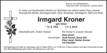 Traueranzeige von Irmgard Kroner von Ansbach