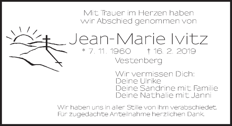  Traueranzeige für Jean-Marie Ivitz vom 16.03.2019 aus Ansbach