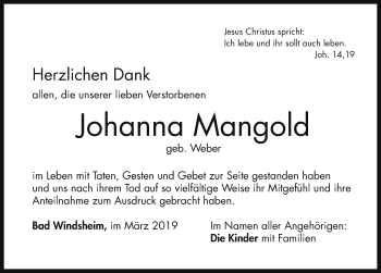 Traueranzeige von Johanna Mangold von Neustadt/ Scheinfeld/ Uffenheim