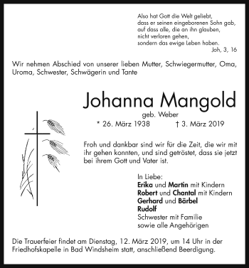 Traueranzeige von Johanna Mangold von Neustadt/ Scheinfeld/ Uffenheim