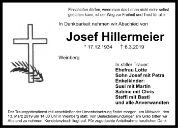 Traueranzeige von Josef Hillermeier von Dinkelsbühl/ Feuchtwangen