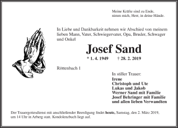 Traueranzeige von Josef Sand von Dinkelsbühl/ Feuchtwangen