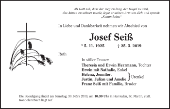 Traueranzeige von Josef Seiß von Ansbach