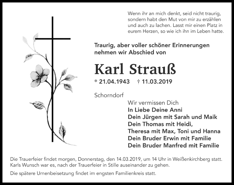  Traueranzeige für Karl Strauß vom 13.03.2019 aus Rothenburg