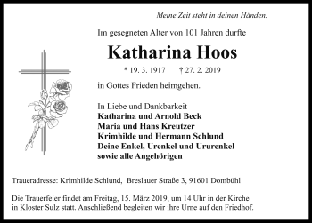 Traueranzeige von Katharina Hoos von Fränkische Landeszeitung