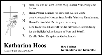 Traueranzeige von Katharina Hoos von Rothenburg