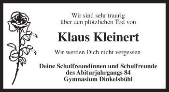 Traueranzeige von Klaus Kleinert von Dinkelsbühl/ Feuchtwangen