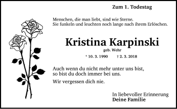 Traueranzeige von Kristina Karpinski von Neustadt/ Scheinfeld/ Uffenheim