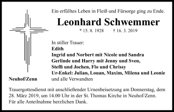 Traueranzeige von Leonhard Schwem von Neustadt/ Scheinfeld/ Uffenheim