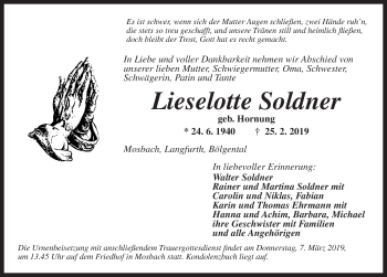 Traueranzeige von Lieselotte Soldner von Dinkelsbühl/ Feuchtwangen